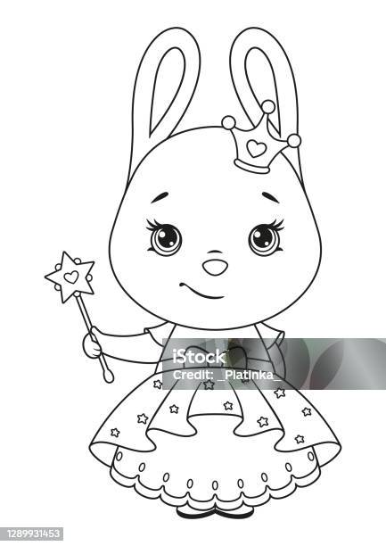 Cute bunny princess with a magic wand coloring page stock illustration