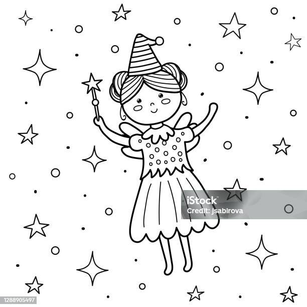 Coloring page for kids with a cute fairy flying princess girl with a magic wand black and white print stock illustration