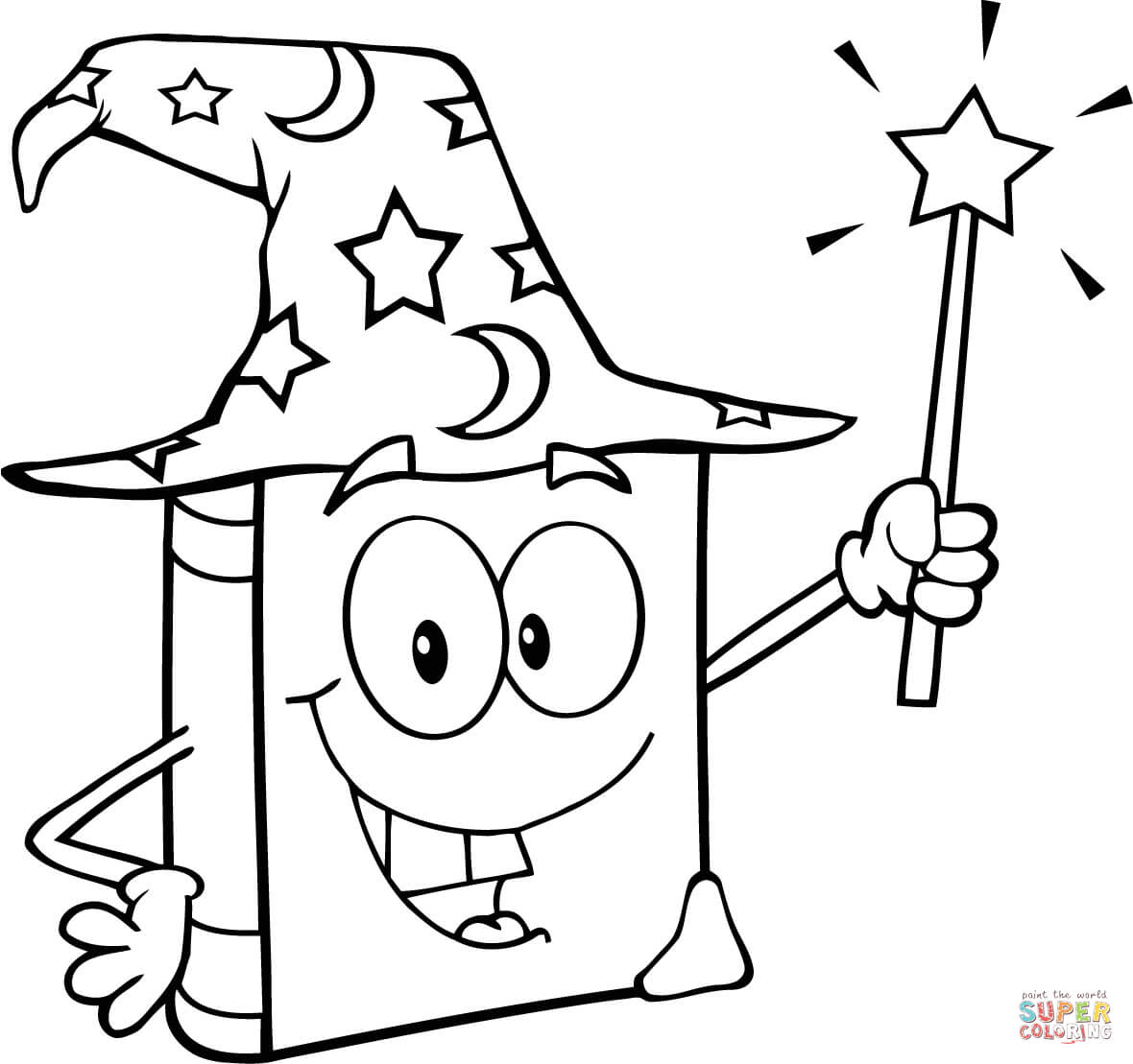 Wizard book holding a magic wand coloring page free printable coloring pages