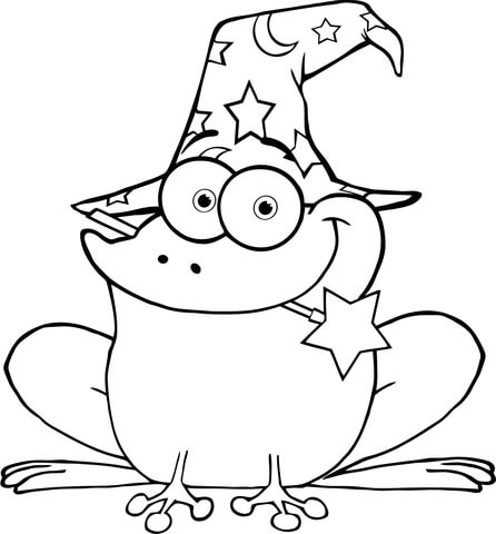 Wizard frog with a magic wand in mouth coloring page free printable coloring pages