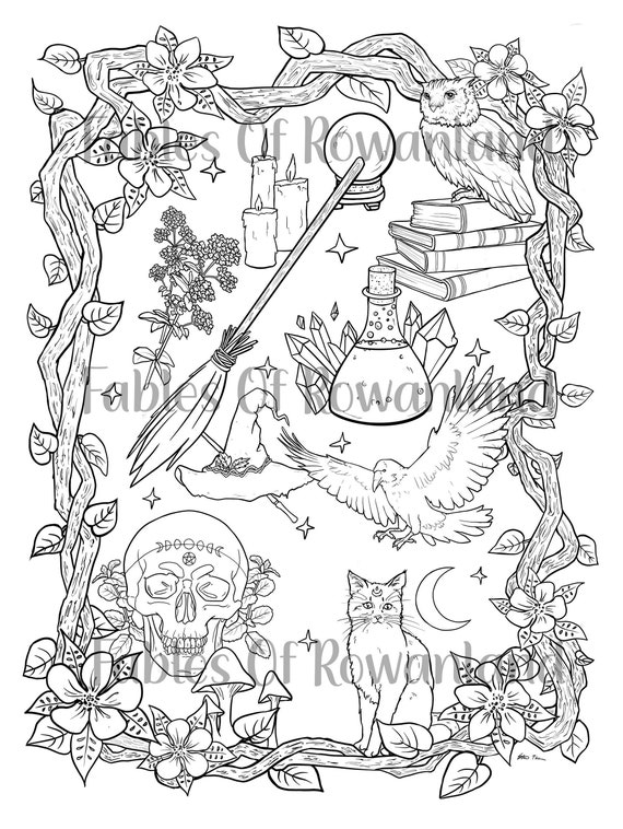 Practical magic beginner witch coloring pages aesthetic adult coloring page dark fantasy art instant download