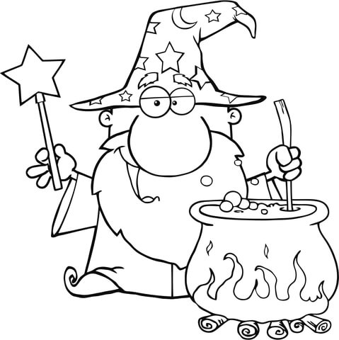 Wizard waving with magic wand and preparing a potion coloring page free printable coloring pages