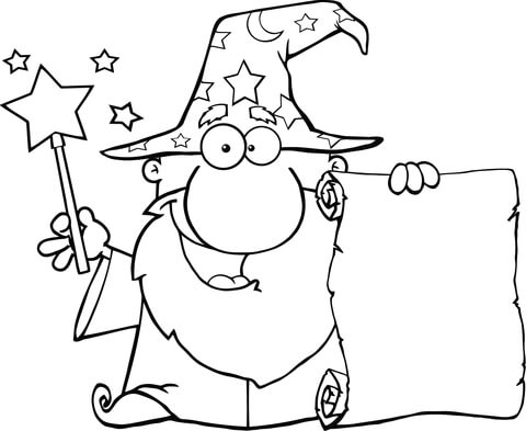 Wizard waving with magic wand and holding up a scroll coloring page free printable coloring pages