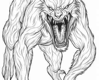 Halloween scary werewolf coloring book page image for adults black and white line drawing image buy once and print hundreds download now