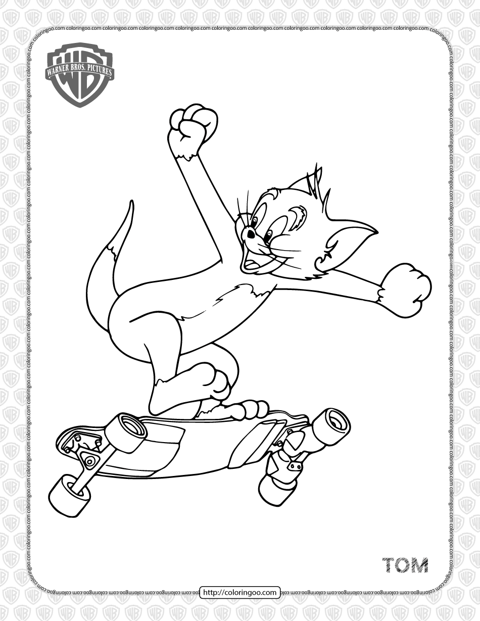 Printable tom is skateboarding coloring page