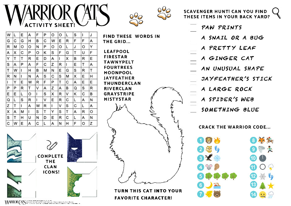 Stuck at home entertain yourselves with warrior cats activity sheets warrior cats