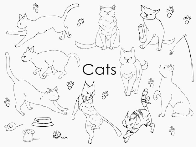 Premium vector vector set of line drawing cute cats coloring page