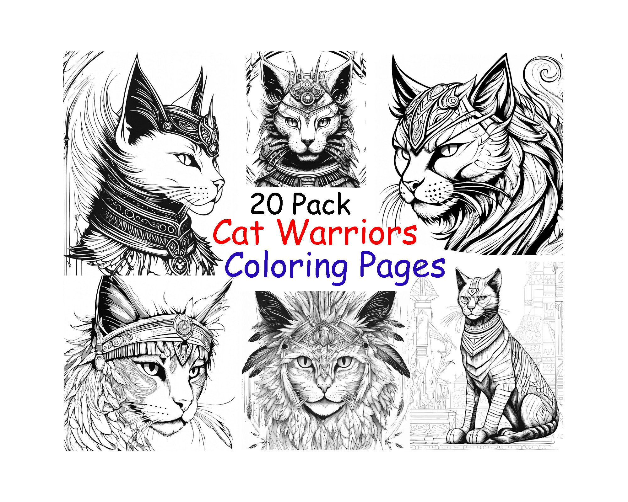 Cat warriors pack cat hero coloring book pages delicately detailed instant digital download printable