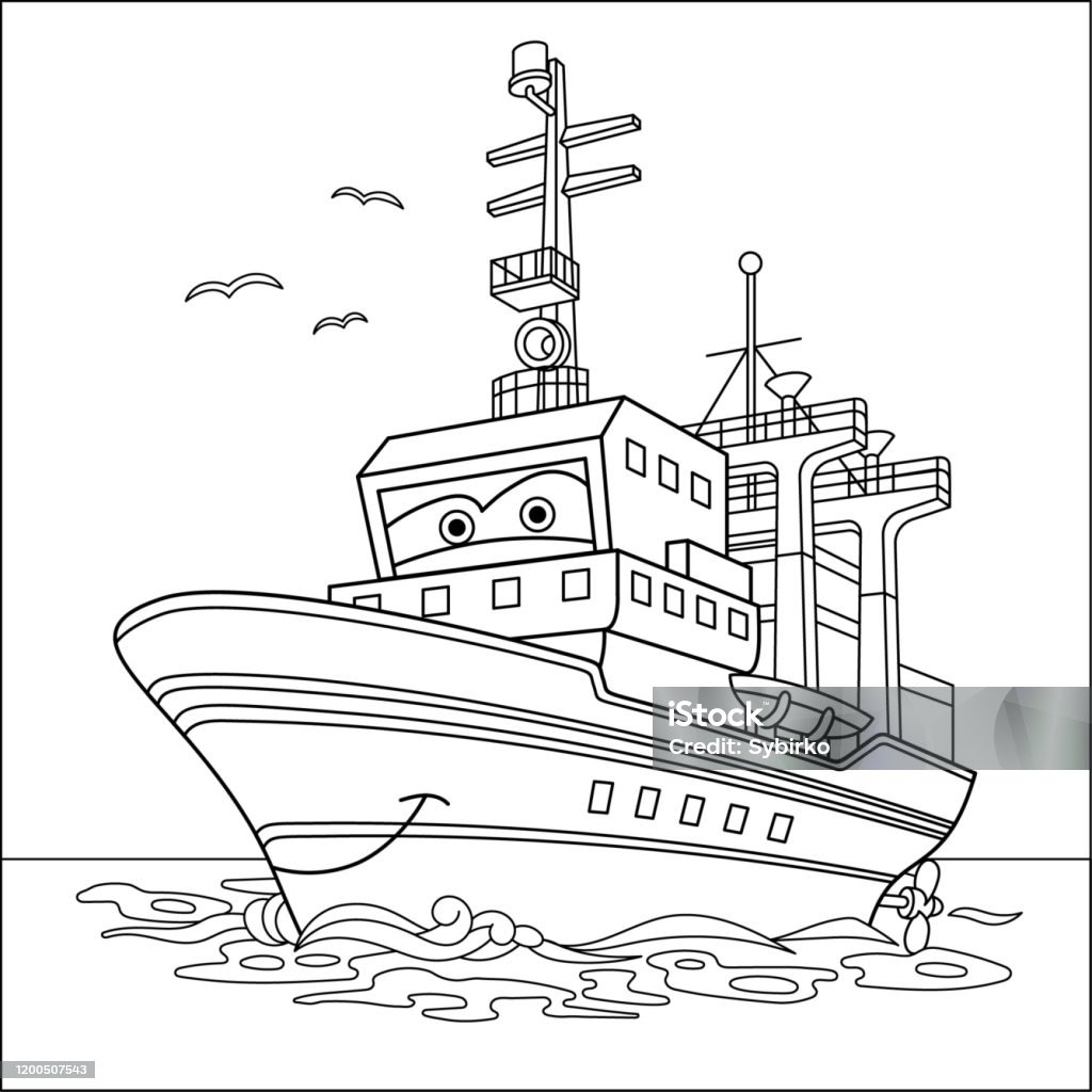 Coloring page of cartoon cargo ship stock illustration