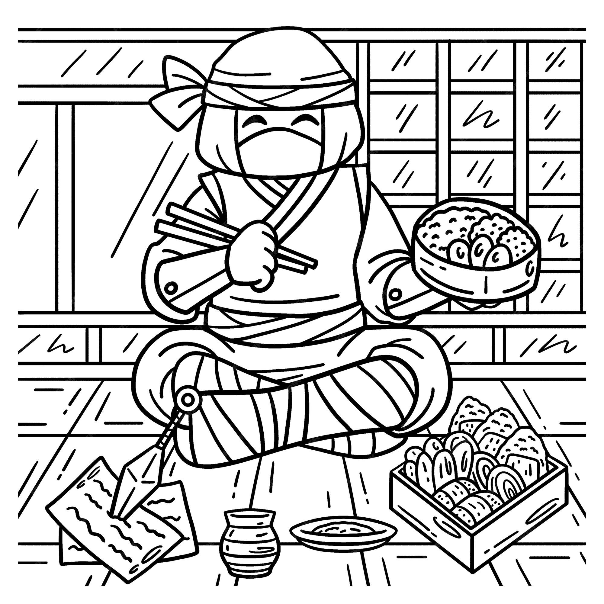 Premium vector a cute and funny coloring page of a ninja eating bento provides hours of coloring fun for children color this page is very easy suitable for little kids and