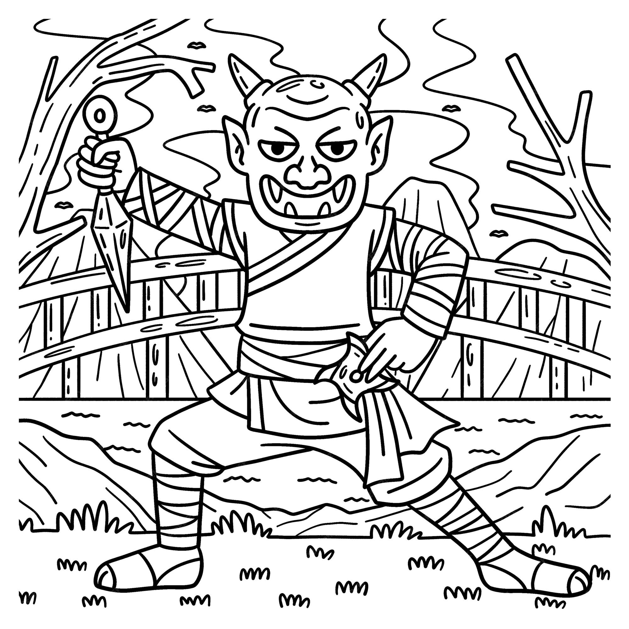 Premium vector a cute and funny coloring page of a ninja wearing oni mask provides hours of coloring fun for children color this page is very easy suitable for little kids and toddlers