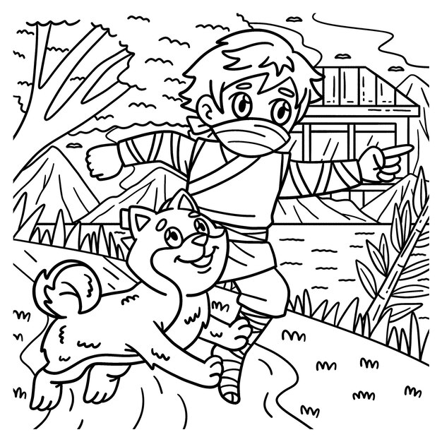 Premium vector a cute and funny coloring page of a ninja and shiba inu provides hours of coloring fun for children color this page is very easy suitable for little kids