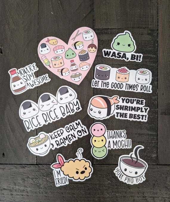 Kawaii food pun stickers sushi ramen wasabi sticker pack glossy or matte laptop notebook planner water bottle free shipping