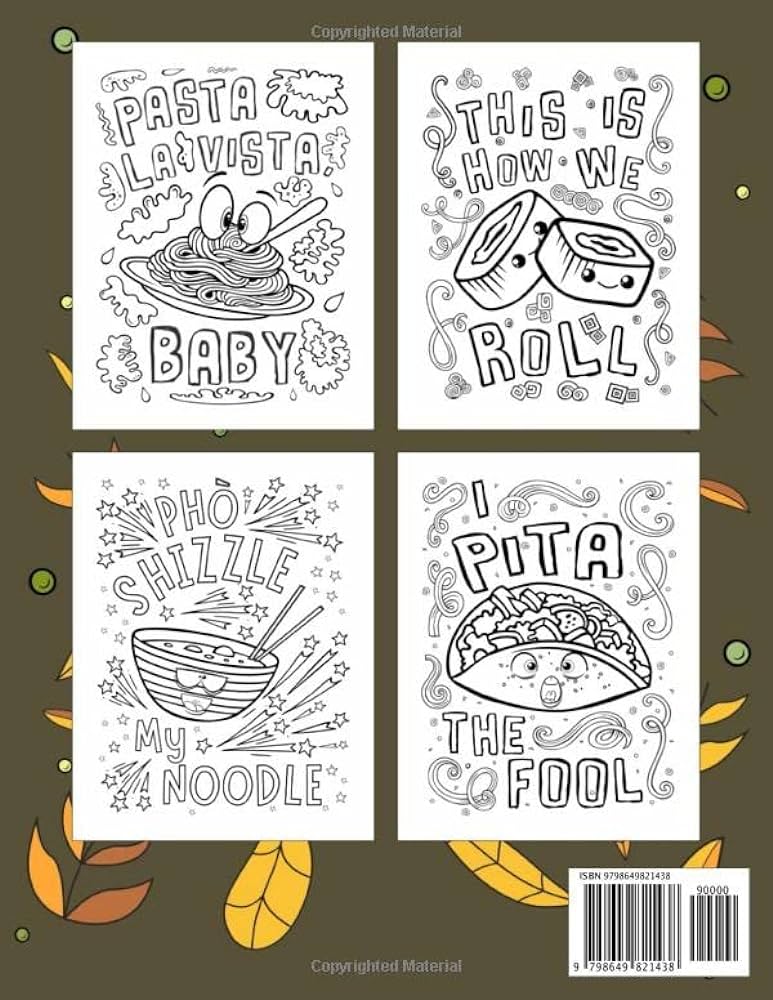 Food puns coloring book food designs with funny food pun quotes for adult relaxation and stress relief fun hilarious puns about food coloring gag gift book for food lovers design