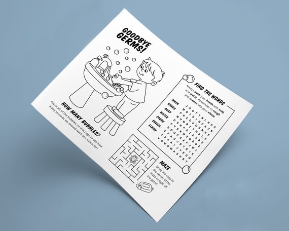 Goodbye germs activity sheet hand washing coloring page word search maze back to school printable