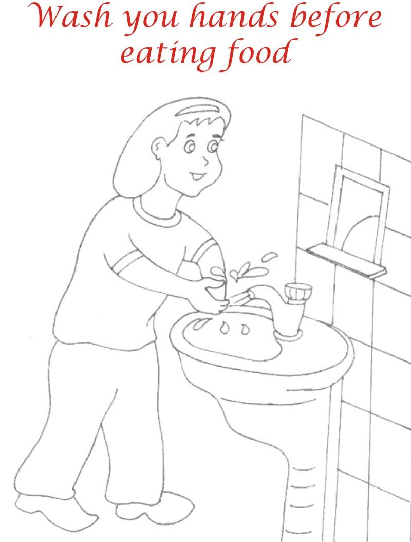 Wash hands before eating coloring page for kids