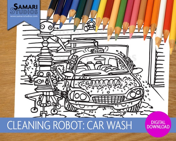 Cleaning robots car wash hand drawn printable coloring sheet kids coloring page instant download printable