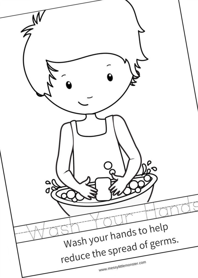 Hand washing colouring page activity for kids