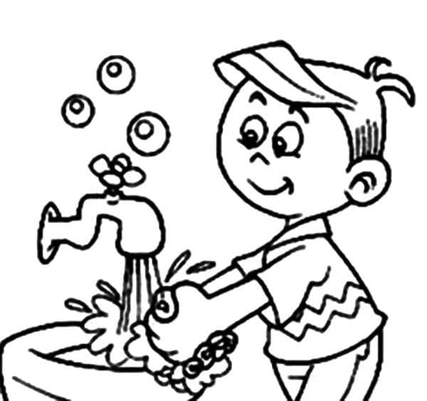 Little boy is washing hands coloring page