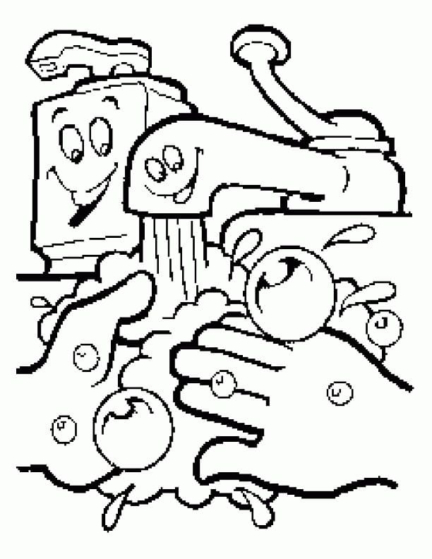 Drawing of hand washing coloring page