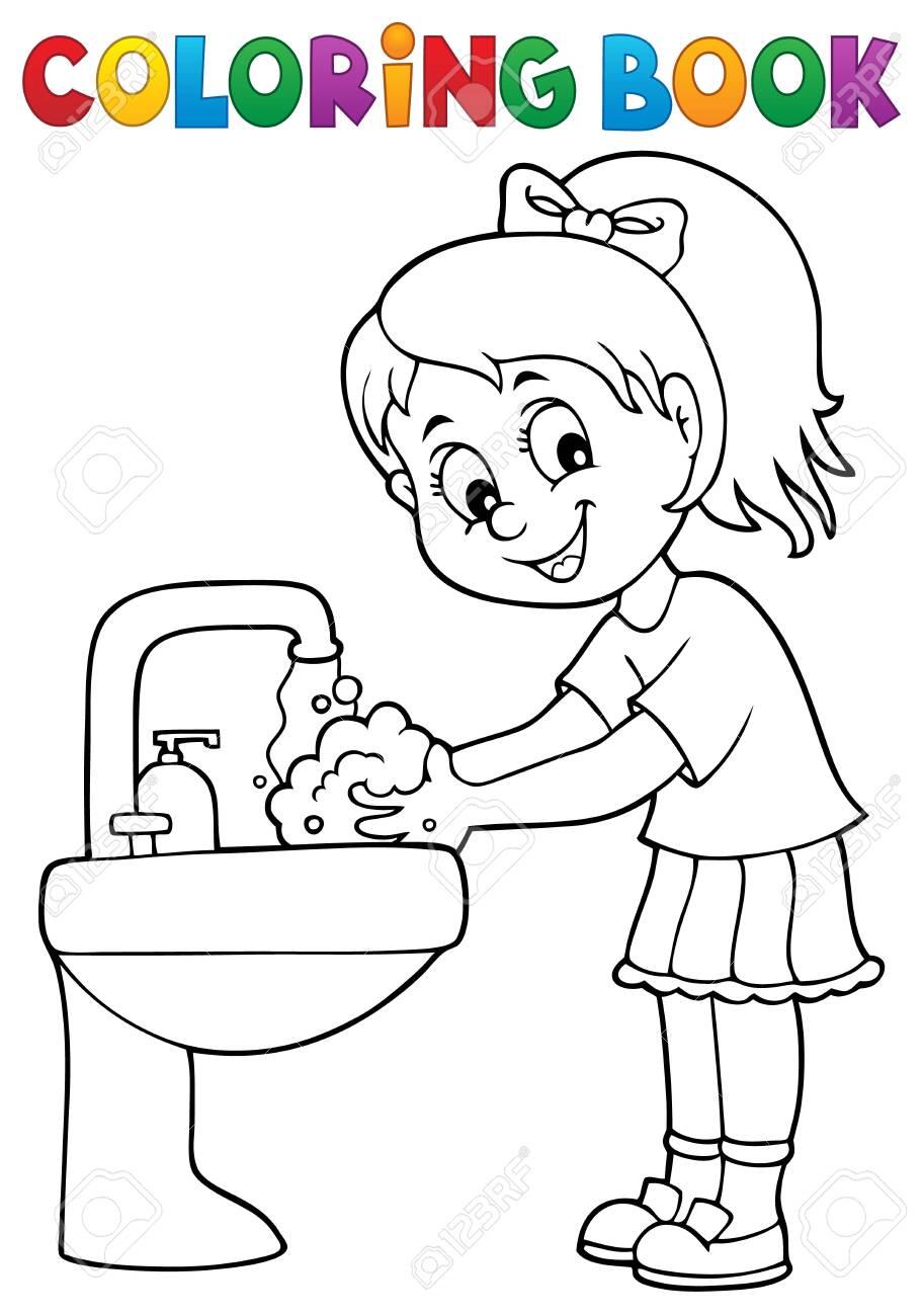 Coloring book girl washing hands theme royalty free svg cliparts vectors and stock illustration image