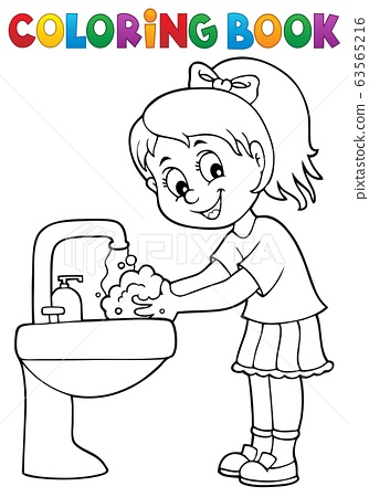 Coloring book girl washing hands theme