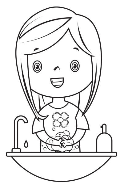 Coloring book girl washing hands stock illustration