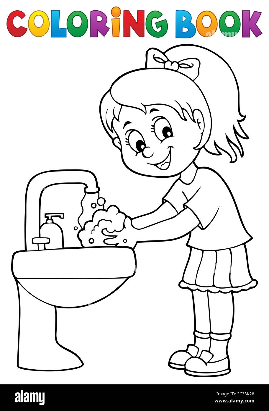 Coloring book girl washing hands theme