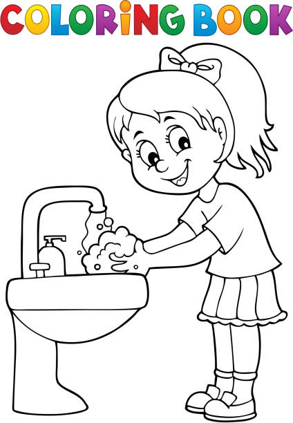 Coloring book girl washing hands theme stock illustration