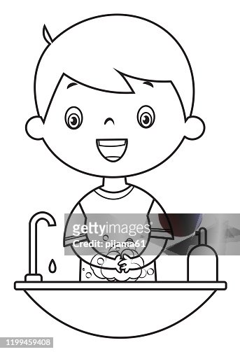 Coloring book boy washing hands high