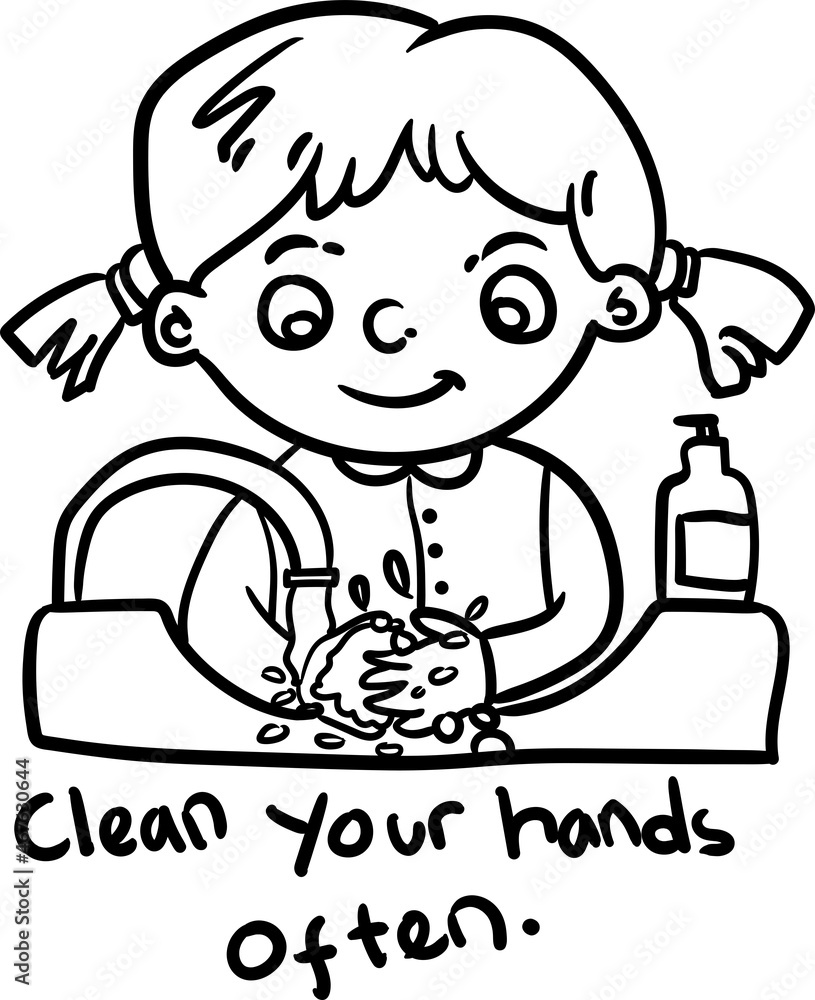 Coloring book for kids little girl cleaning her hands with water and soap illustration