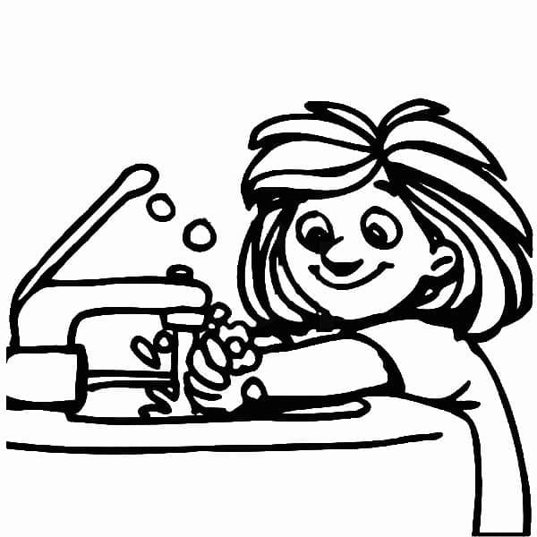 Little girl is washing hands coloring page