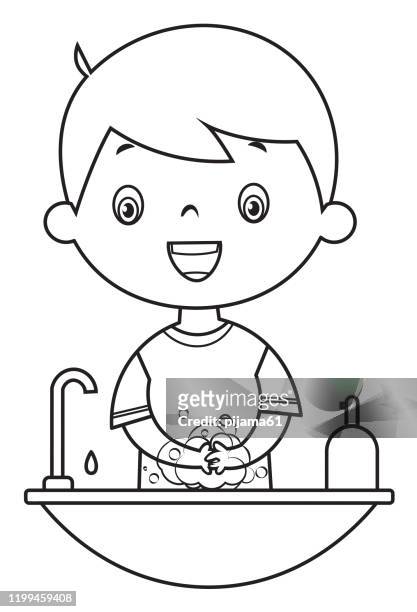 Coloring book boy washing hands high