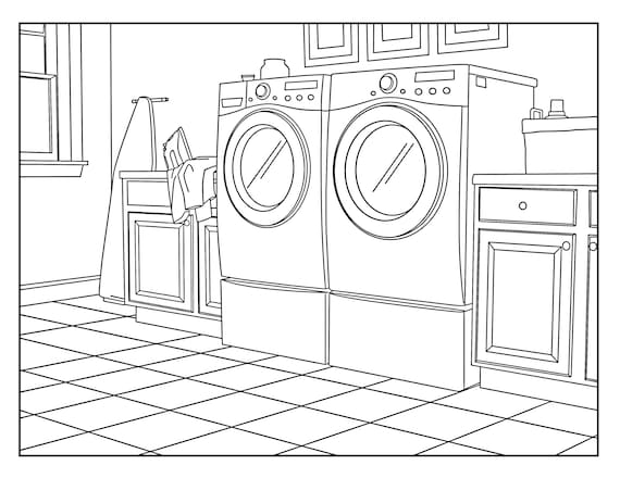 Laundry room around the house coloring pages for adults printable coloring page instant download pdf