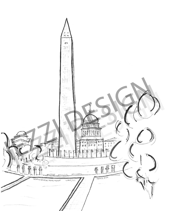 Washington monument washington dc sketch art print us capitol dc print national mall black and white sketch monochrome decor
