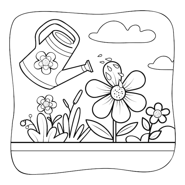 Premium vector flowers and watering can black and white coloring book or coloring page for kids nature background