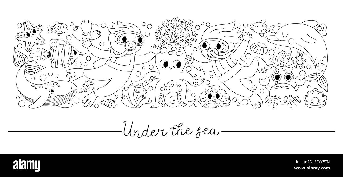 Vector black and white horizontal under the sea border set with fish divers line ocean card template design or coloring page cute water animals bor stock vector image art