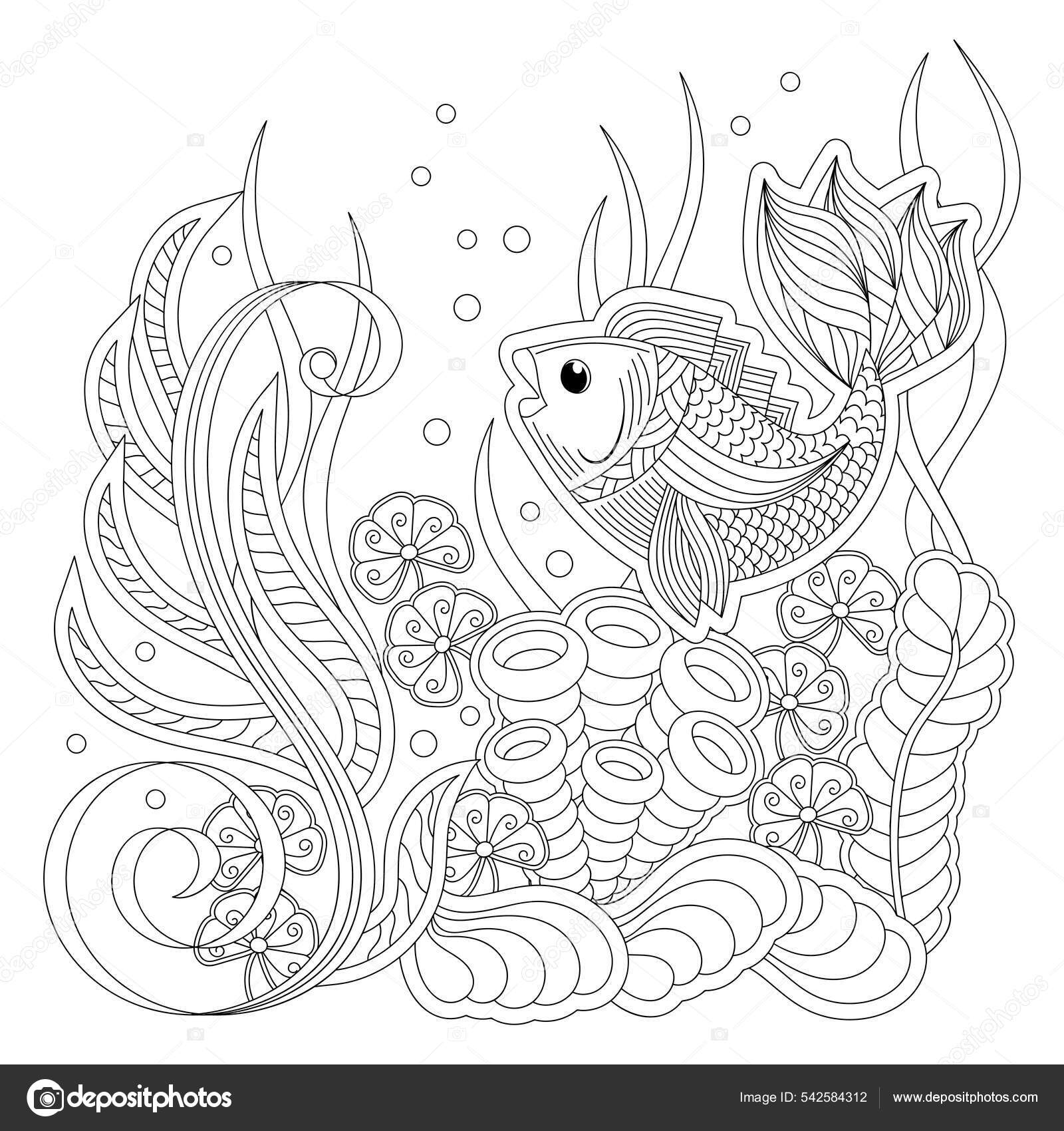 Coloring book page adult water marine vector motif doodle underwater stock vector by axenova