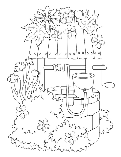 Premium vector water well coloring page water well vector water well black and white drawing