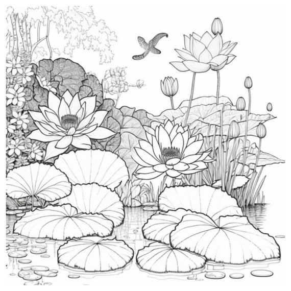 Water lily art coloring pages for adults instant download instant download