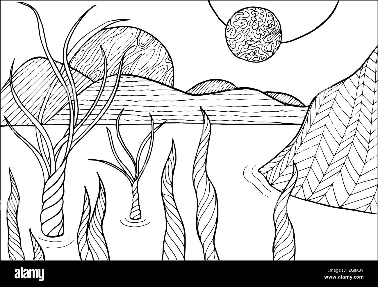 Doodle alien fantasy water landscape with big mushrooms coloring page for adults fantastic psychedelic graphic artwork vector hand drawn simple flat stock vector image art