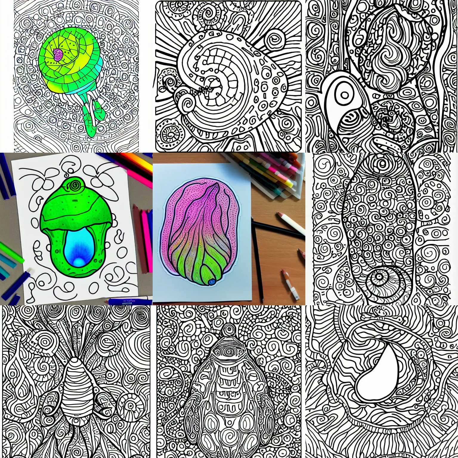 An adult coloring page of a water drop with tardigrades stable diffusion