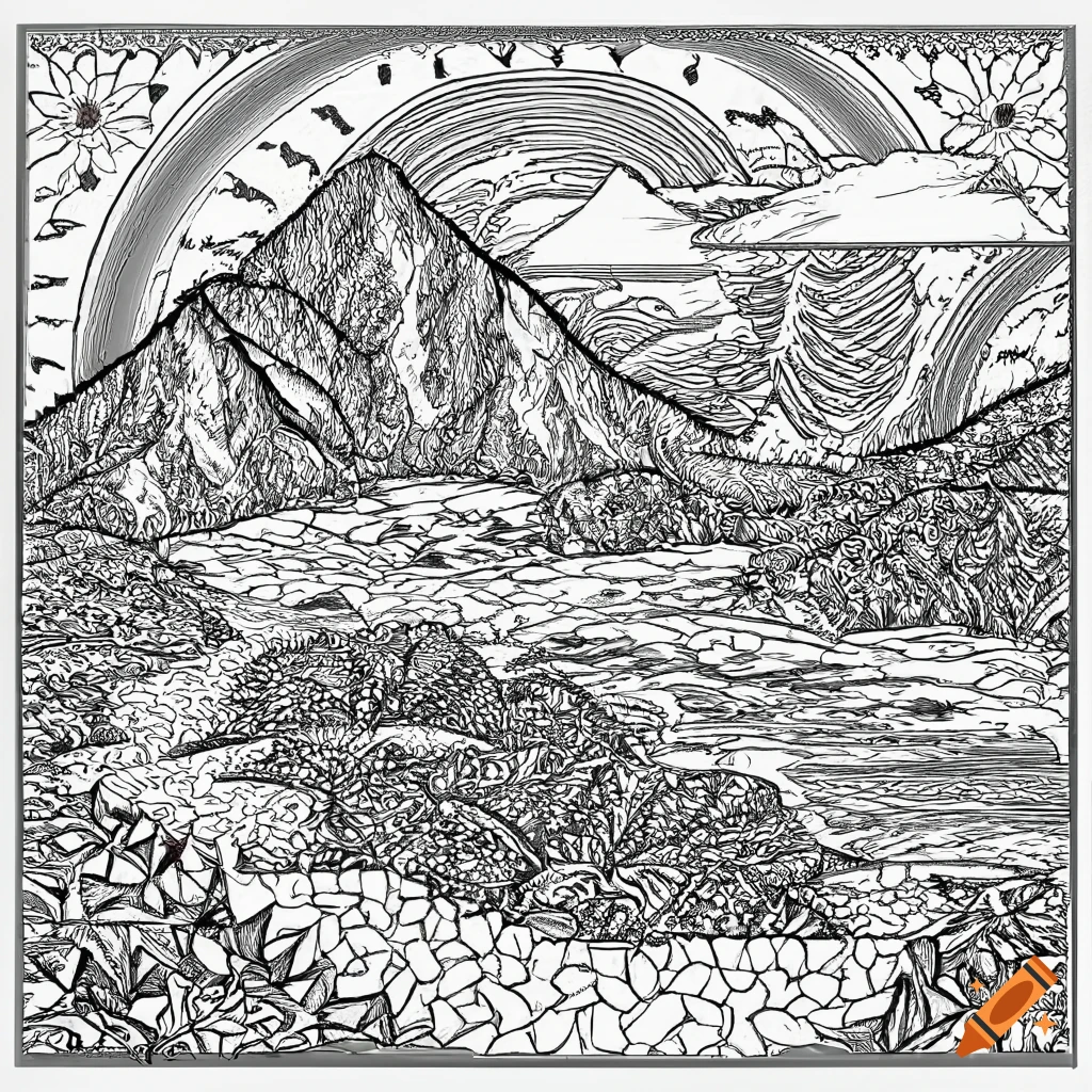 Black and white coloring book page of a mountainous landscape with water feature inspired by fractals inspired by mandella inspired by henna inspired by ukiyo