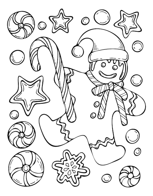 Premium vector coloring book christmas gingerbread man in santa hat festive cookies lollipop cane candy hand drawn line art black white illustration coloring page for kids and adults