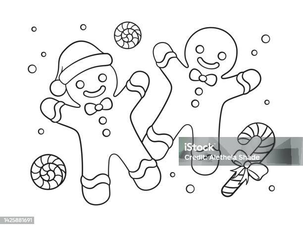 Gingerbread man with gift boxes and peppermint candy cane outline line art doodle cartoon illustration winter christmas theme coloring book page activity for kids and adults stock illustration