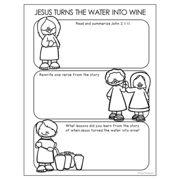 Jesus turns the water into wine bible story new testament worksheet lesson