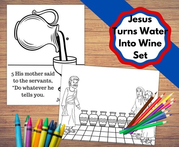 Printable pitcher pouring jesus into wine coloring craft set colorable craft jesus turns water into wine