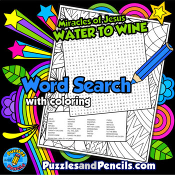 Water to wine word search puzzle activity with coloring miracles of jesus