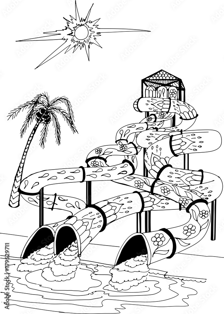 Water park sun and palm tree hand drawn patterns for coloring freehand sketch drawing for adult antistress coloring book in zentangle style vector