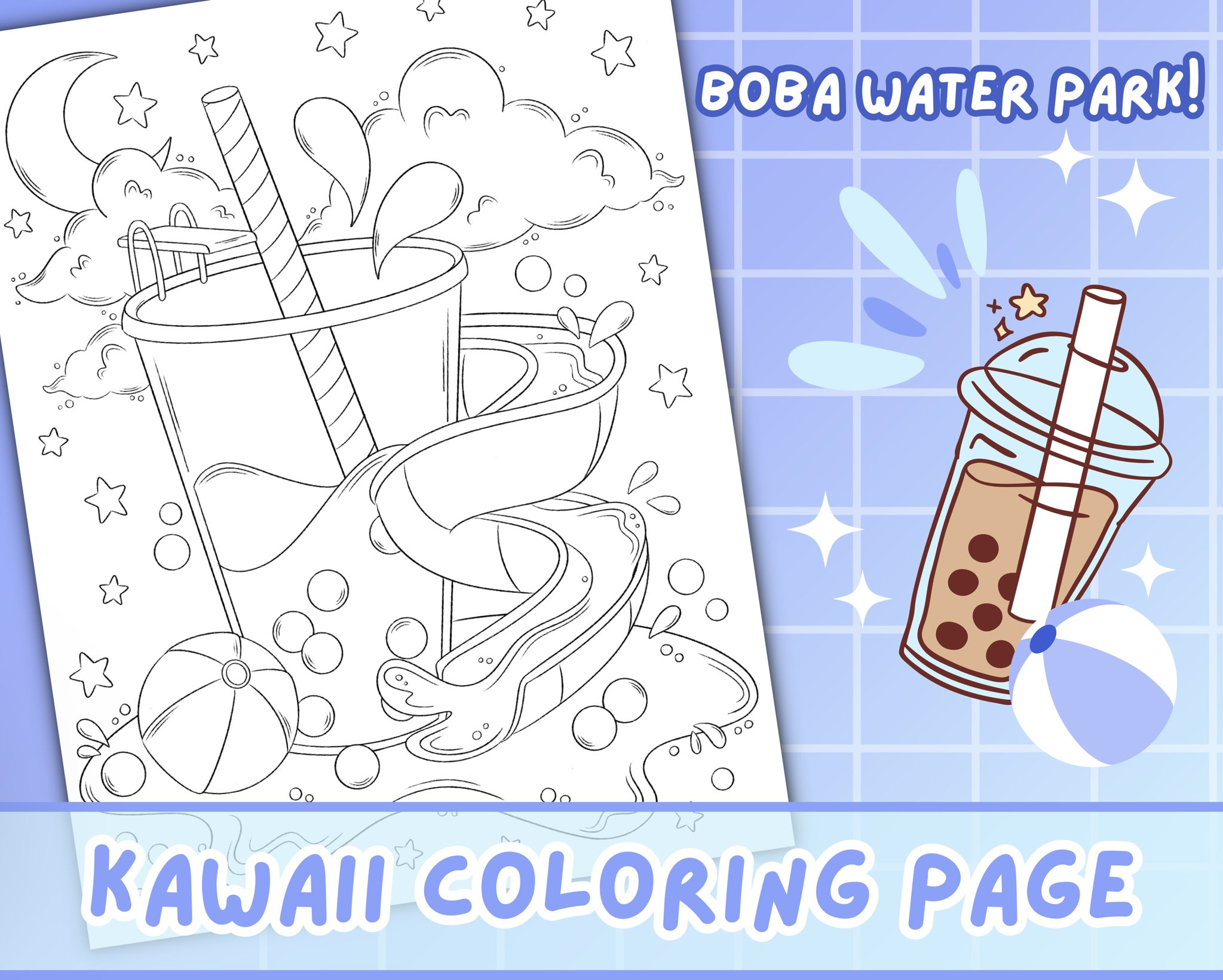 Boba water park coloring page printable kawaii coloring page cute coloring page for summer